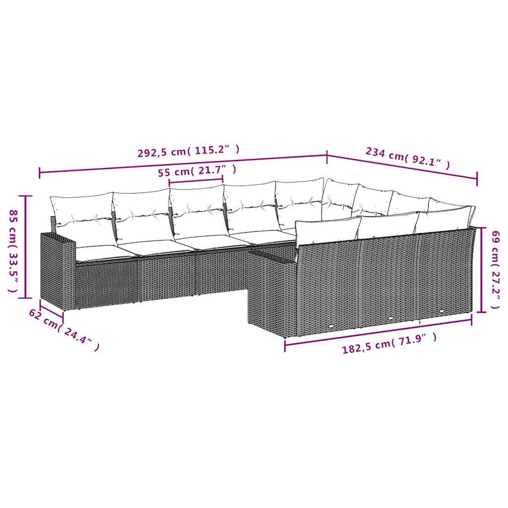 Set Divani da Giardino 10 pz con Cuscini Grigio in Polyrattan
