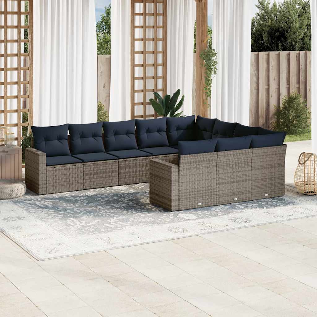 Set Divani da Giardino 10 pz con Cuscini Grigio in Polyrattan