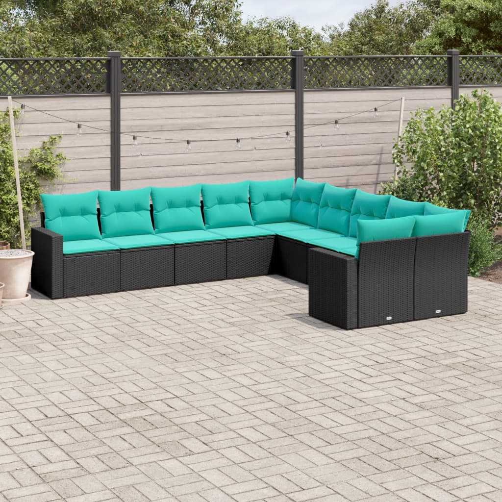 Set Divani da Giardino 10 pz con Cuscini Nero in Polyrattan | homemem39