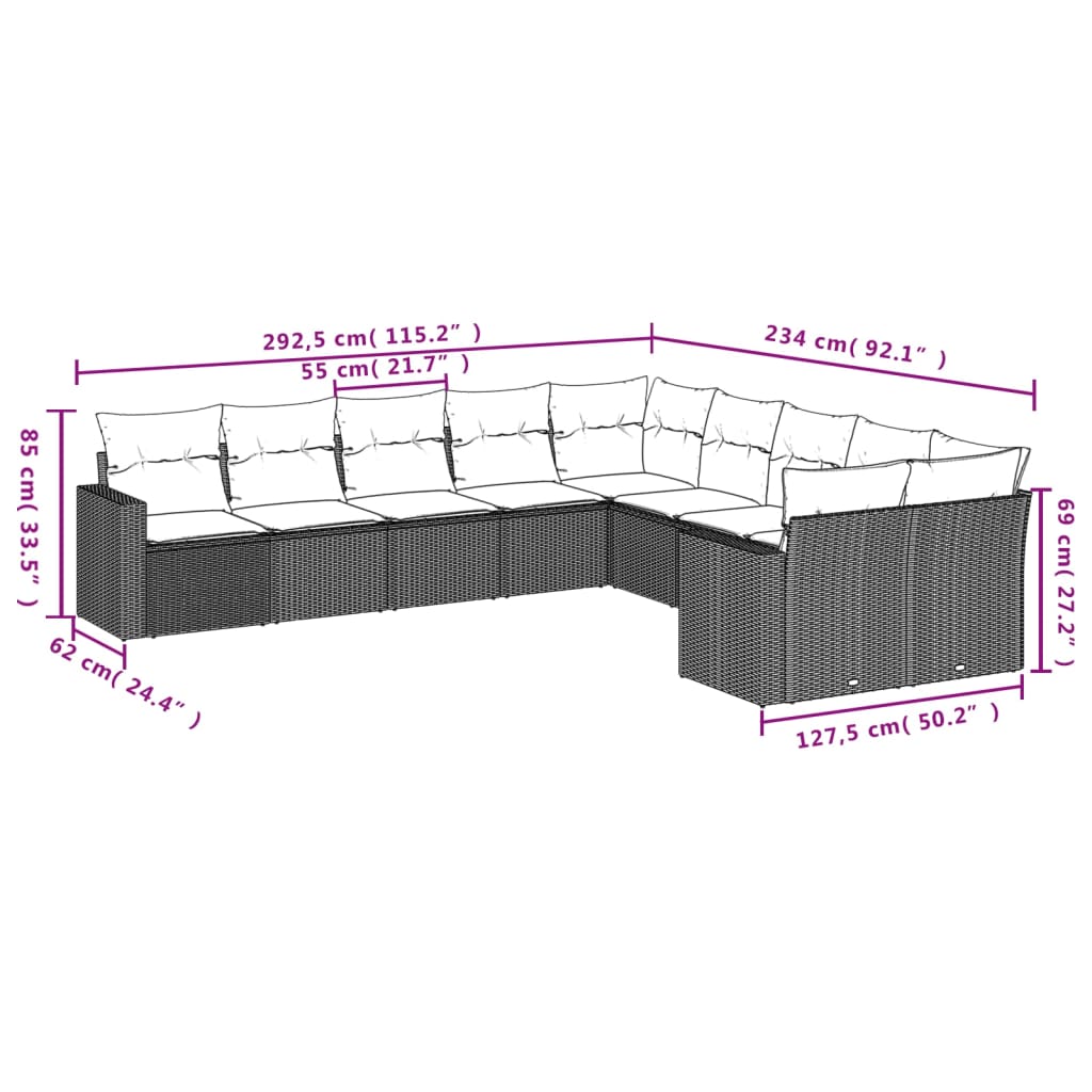 Set Divano da Giardino 10 pz con Cuscini Grigio in Polyrattan | homemem39