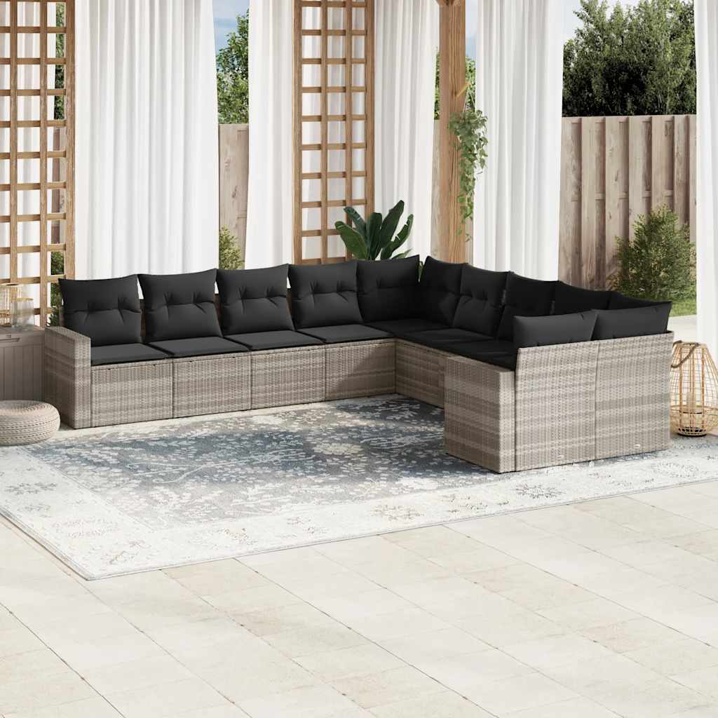 Set Divano Giardino 10 pz con Cuscini Grigio Chiaro Polyrattan | homemem39