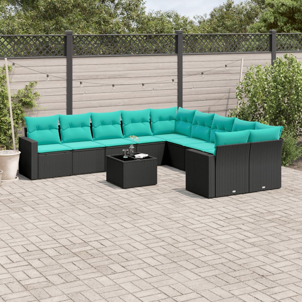 Set Divani da Giardino 11 pz con Cuscini in Polyrattan Nero - homemem39