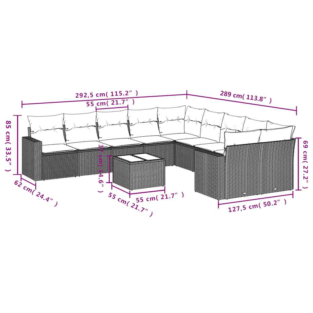 Set Divani da Giardino 11 pz con Cuscini in Polyrattan Grigio | homemem39