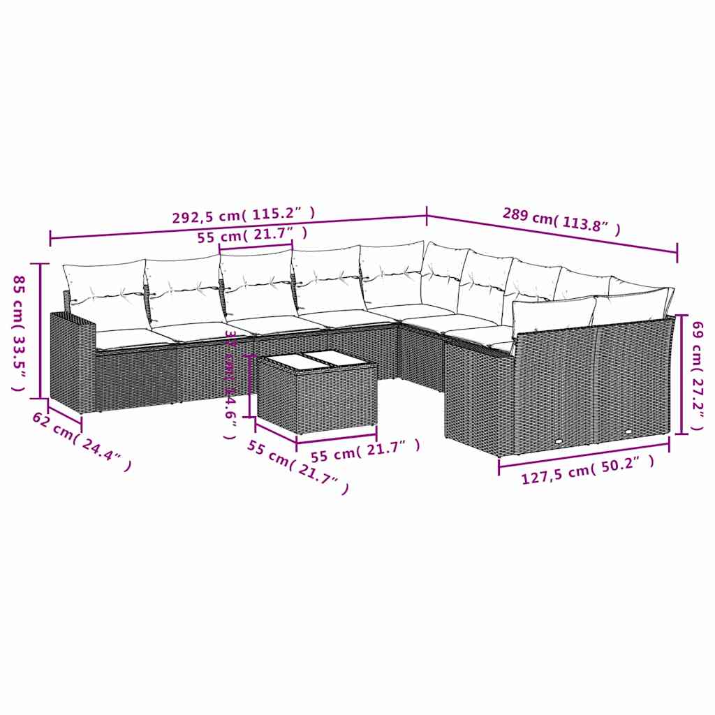 Set Divani da Giardino 11 pz con Cuscini in Polyrattan Grigio | homemem39