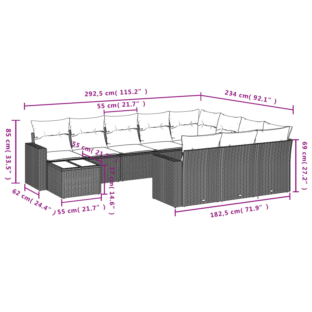 Set Divani da Giardino 11 pz con Cuscini in Polyrattan Nero | homemem39