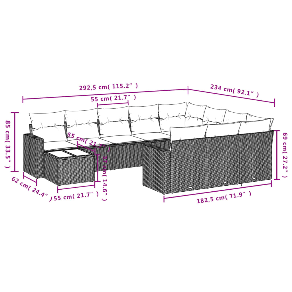 Set Divani da Giardino 11 pz con Cuscini Polyrattan Marrone | homemem39