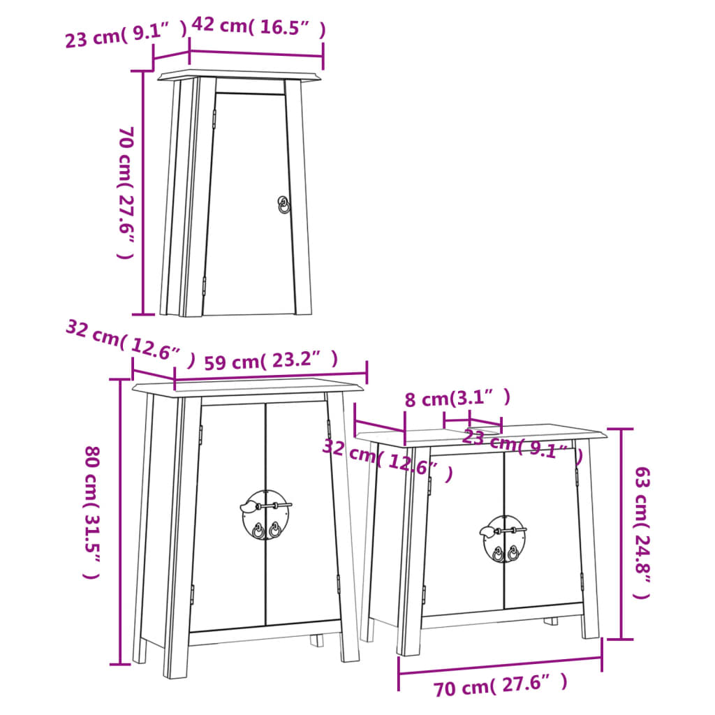 Set Mobili da Bagno 3 pz in Legno Massello di Pino | homemem39