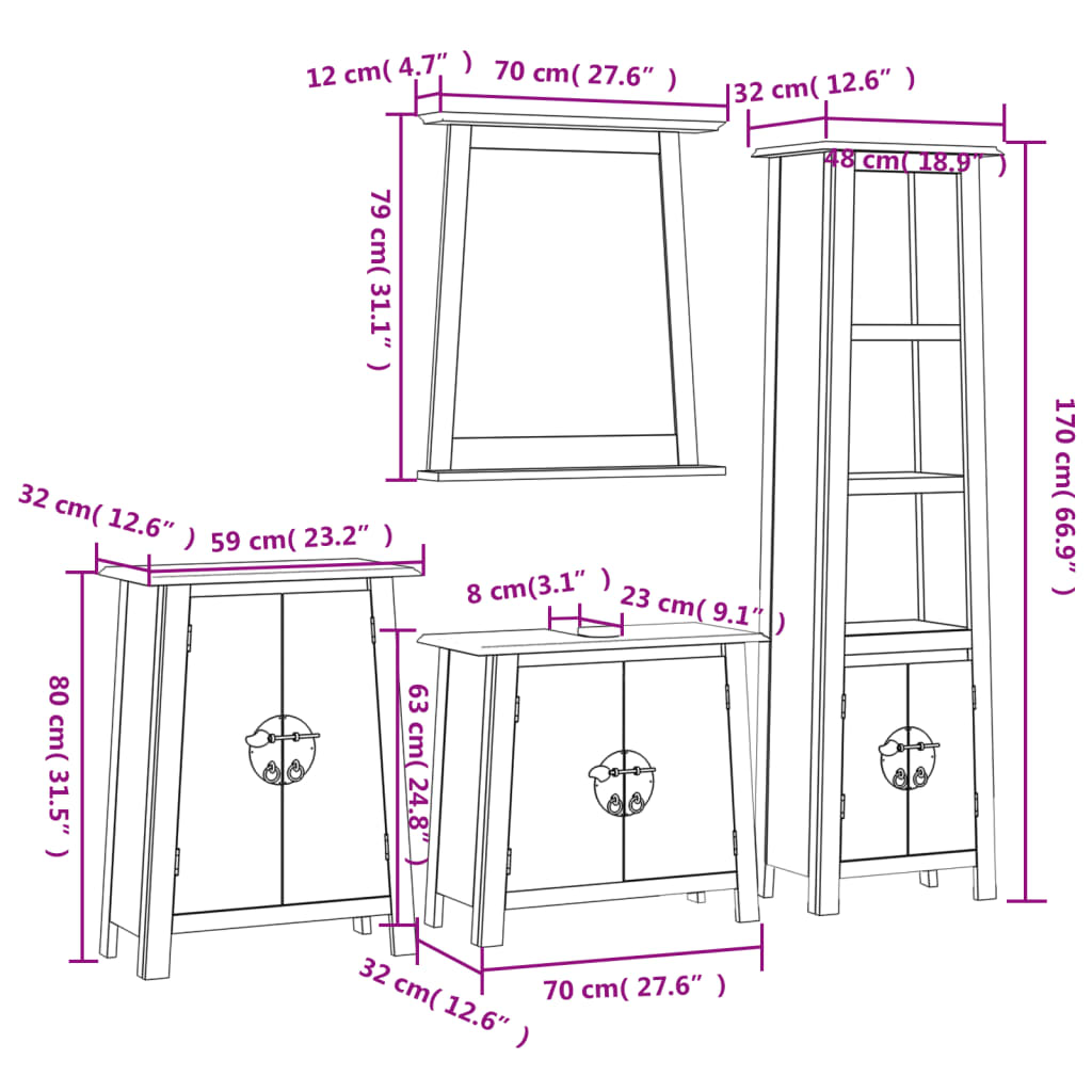 Set Mobili da Bagno 4 pz in Legno Massello di Pino | homemem39