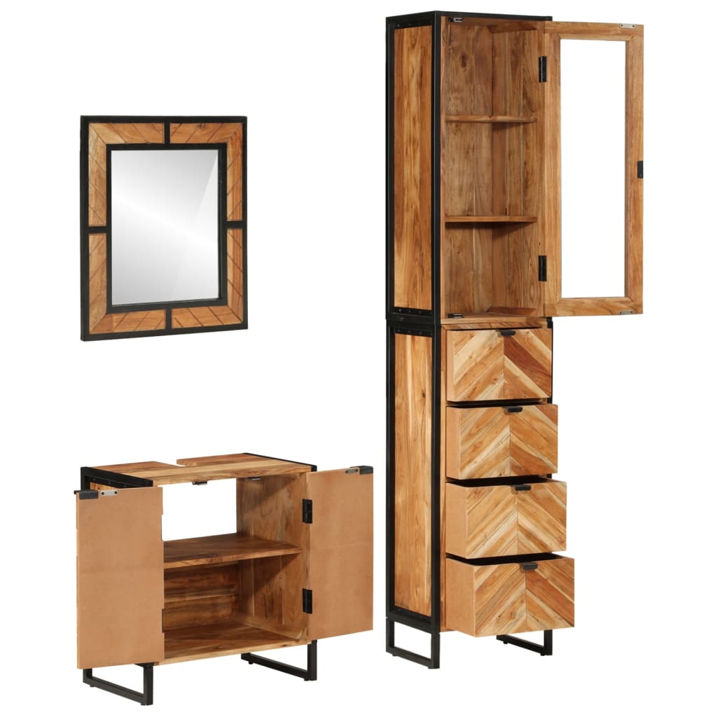 Set Mobili da Bagno 3 pz in Ferro e Legno Massello di Acacia | homemem39