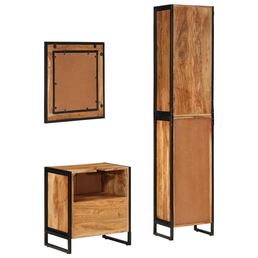 Set Mobili da Bagno 3 pz in Ferro e Legno Massello di Acacia | homemem39