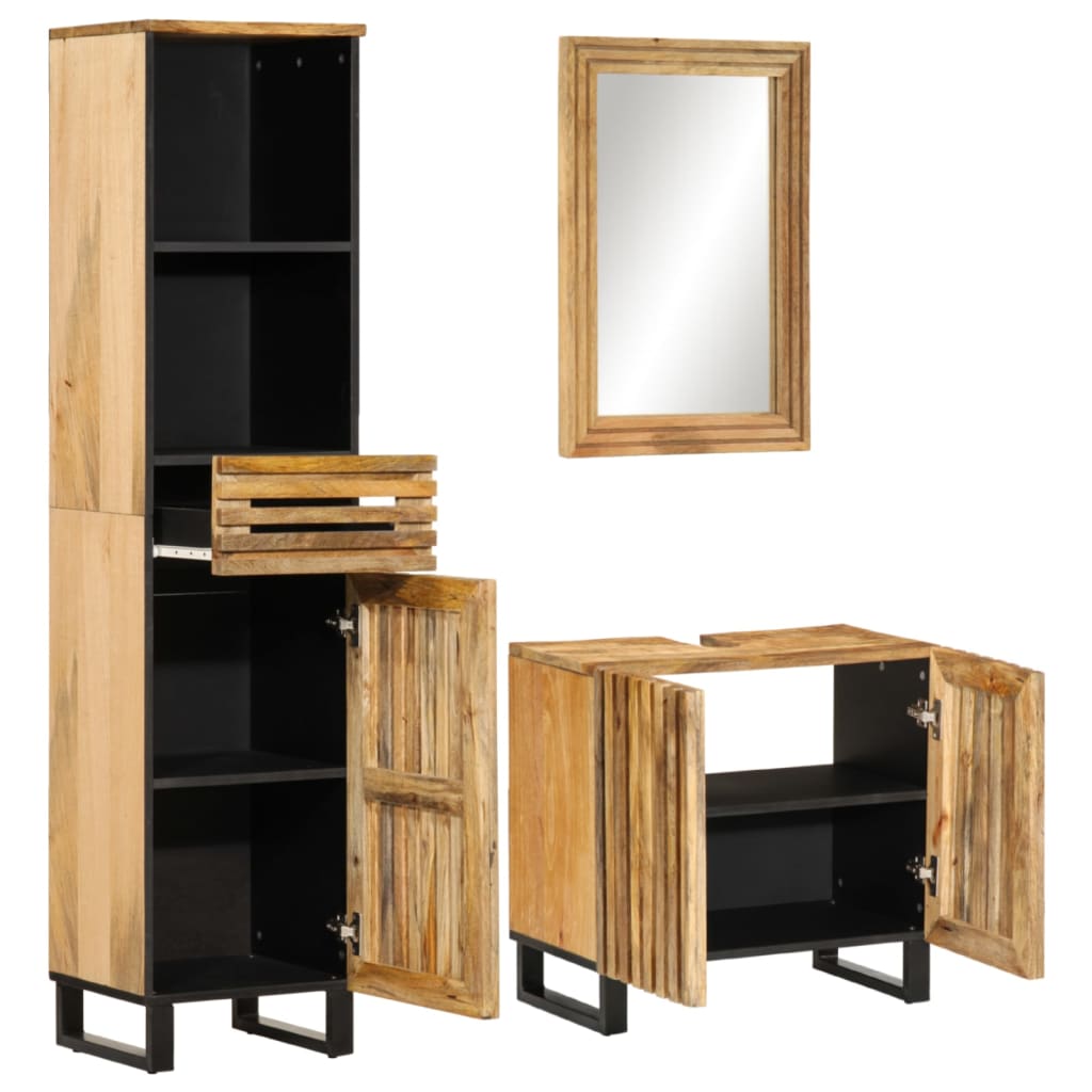Set Mobili da Bagno 3 pz in Legno Massello di Mango Grezzo