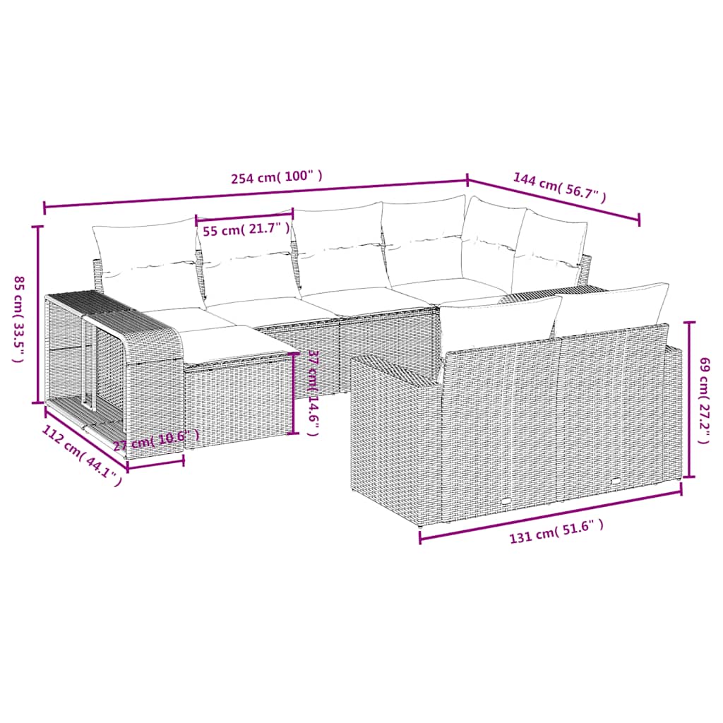 Set Divani da Giardino 10pz con Cuscini in Polyrattan Nero | homemem39