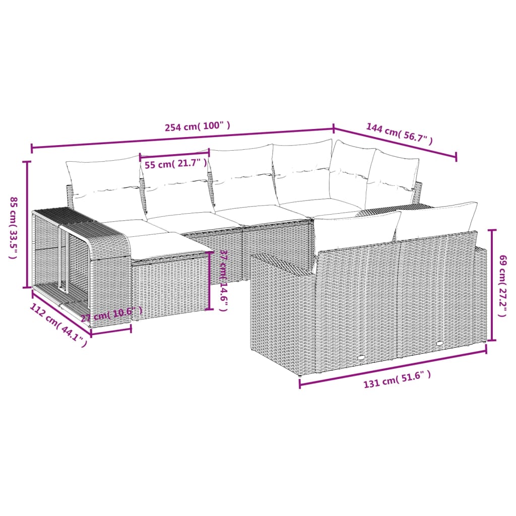 Set Divani da Giardino 10pz con Cuscini in Polyrattan Nero | homemem39