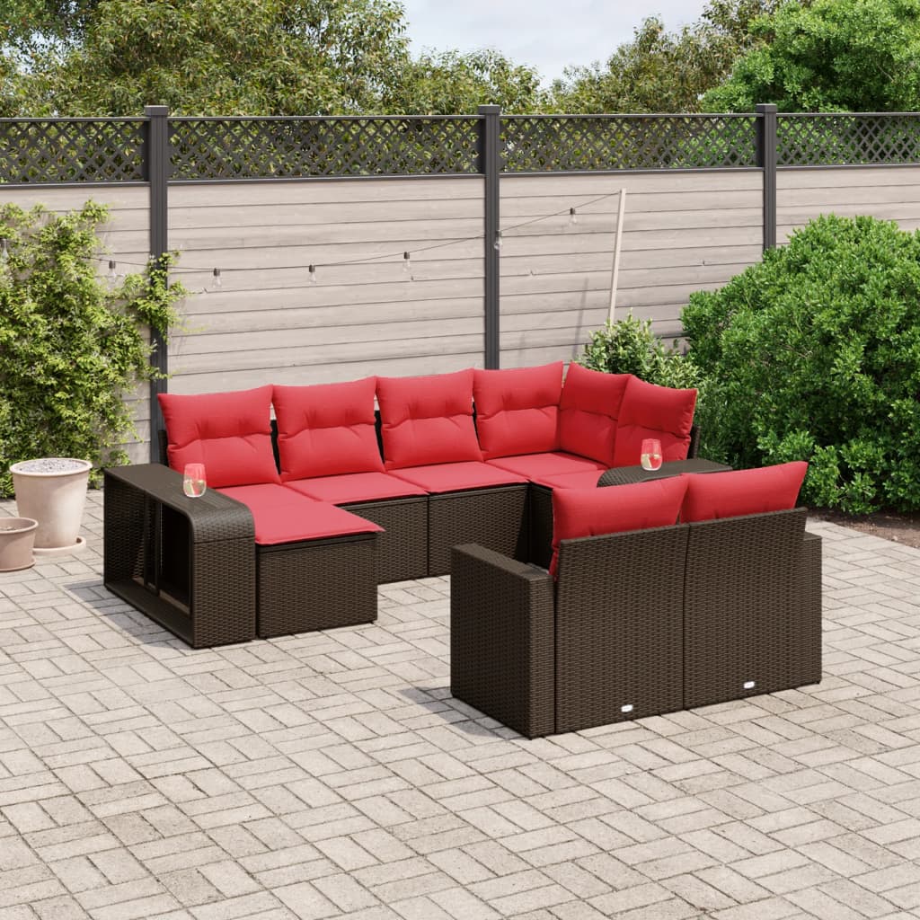 Set Divani da Giardino 10 pz con Cuscini Marrone in Polyrattan