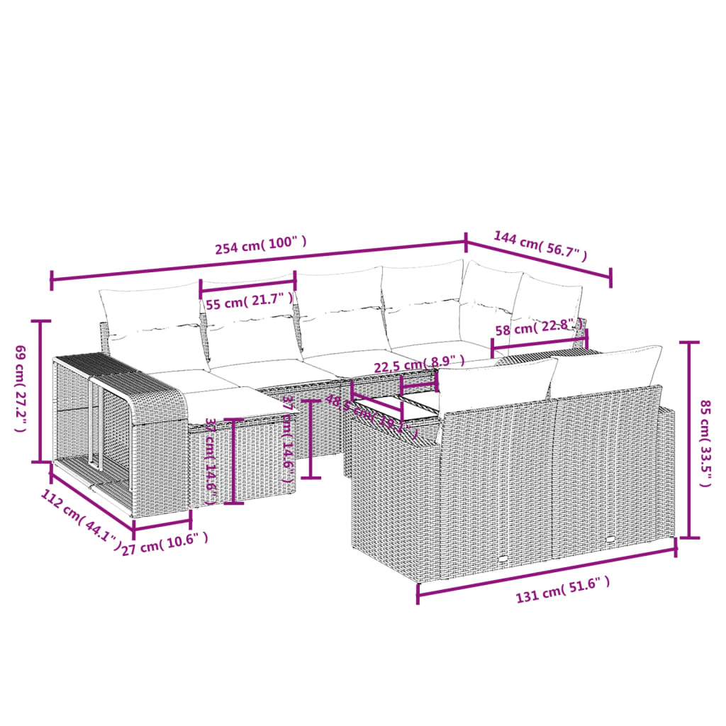 Set Divani da Giardino 11 pz con Cuscini in Polyrattan Nero | homemem39