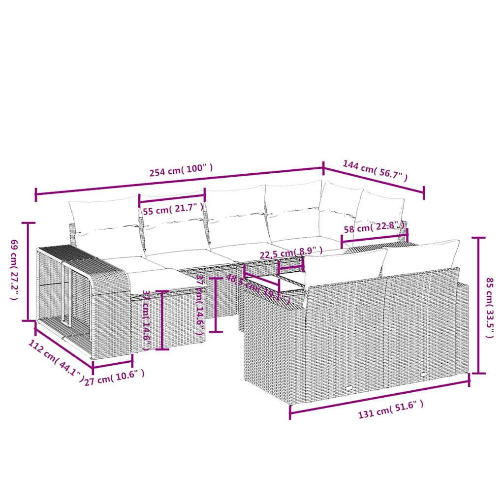 Set Divani da Giardino 11 pz con Cuscini in Polyrattan Grigio | homemem39