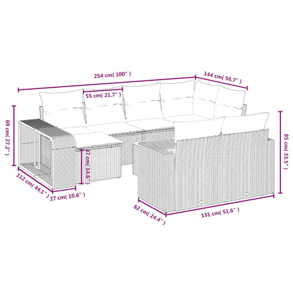 Set Divani da Giardino 11 pz con Cuscini Beige in Polyrattan | homemem39