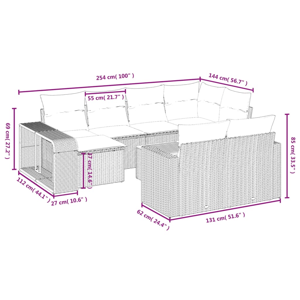 Set Divani da Giardino 11 pz con Cuscini in Polyrattan Grigio | homemem39