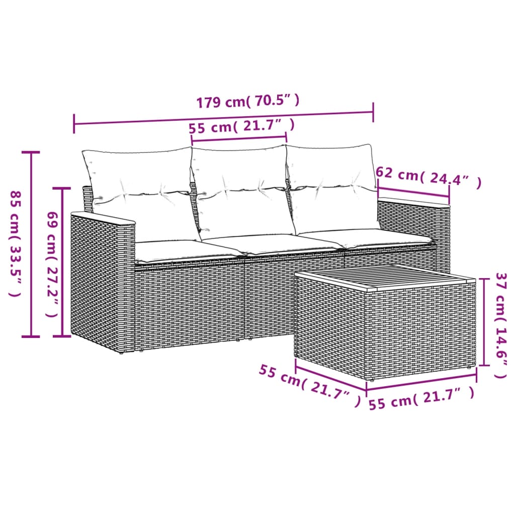 Set Divano da Giardino 4 pz con Cuscini Beige in Polyrattan - homemem39