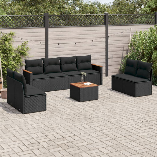 Set Divani da Giardino 9 pz con Cuscini Nero in Polyrattan - homemem39