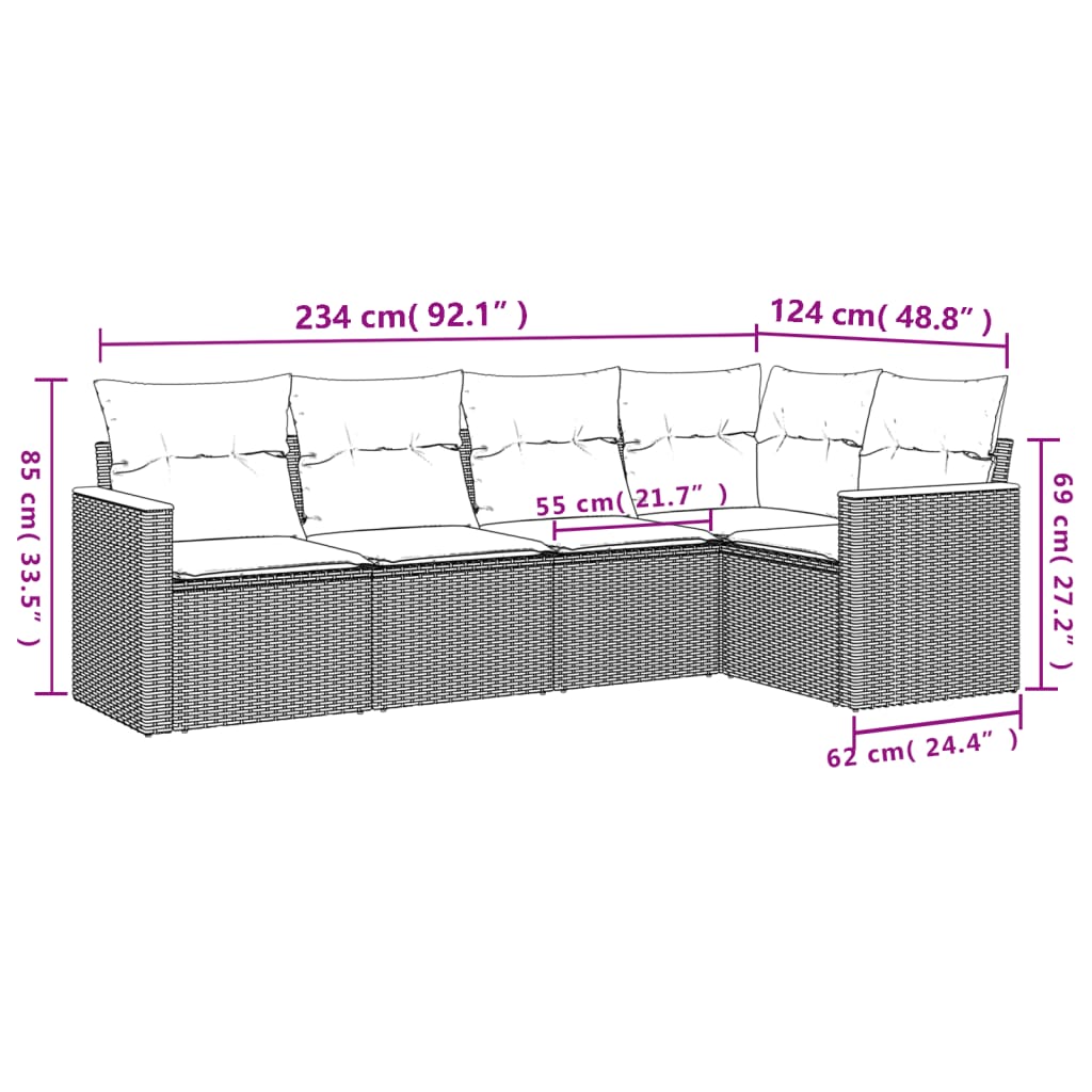 Set Divano da Giardino 5 pz con Cuscini Grigio in Polyrattan | homemem39