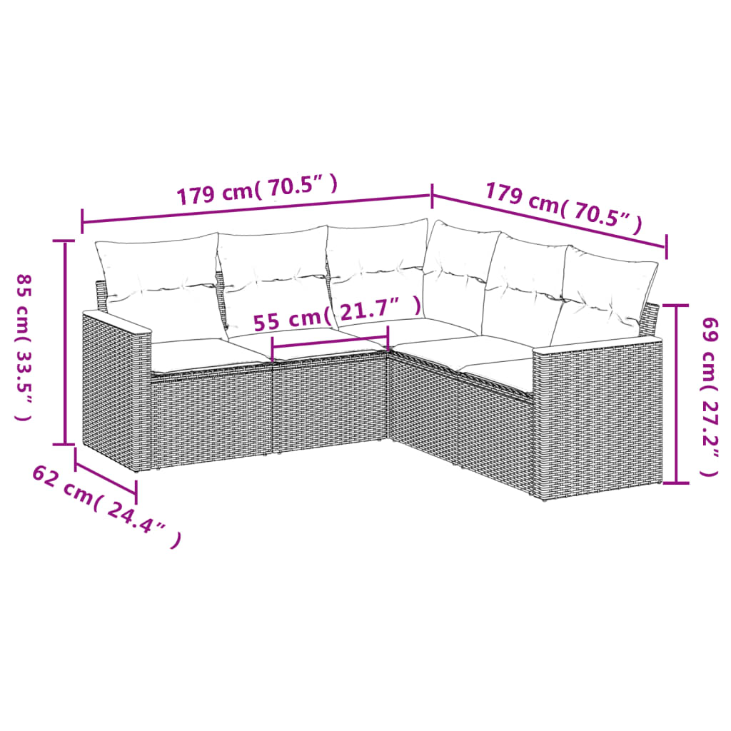 Set Divano da Giardino 5 pz con Cuscini Grigio in Polyrattan - homemem39
