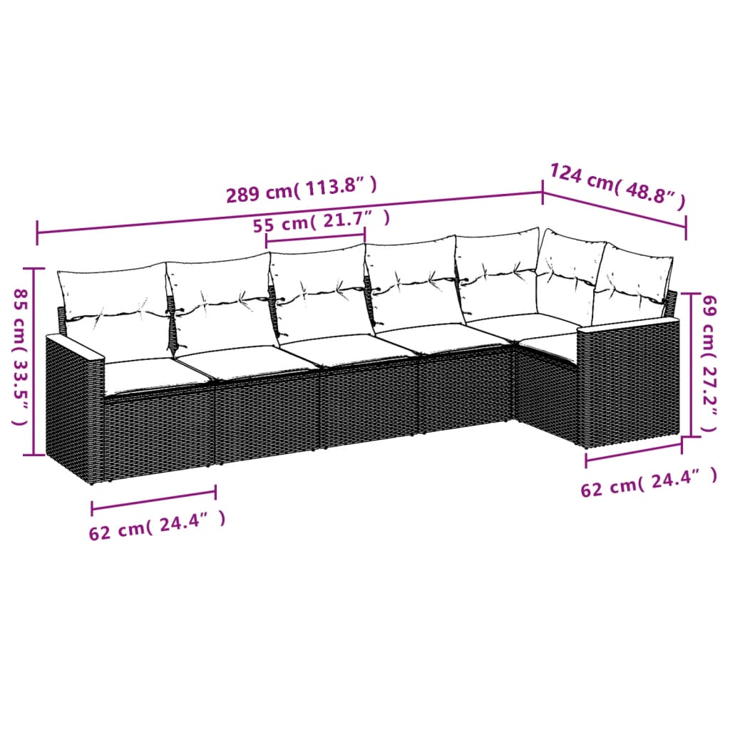 Set Divano da Giardino 6 pz con Cuscini Nero in Polyrattan | homemem39
