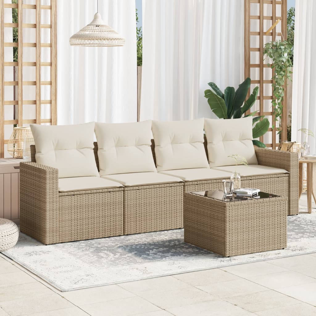 Set Divano da Giardino 5 pz con Cuscini Beige in Polyrattan - homemem39