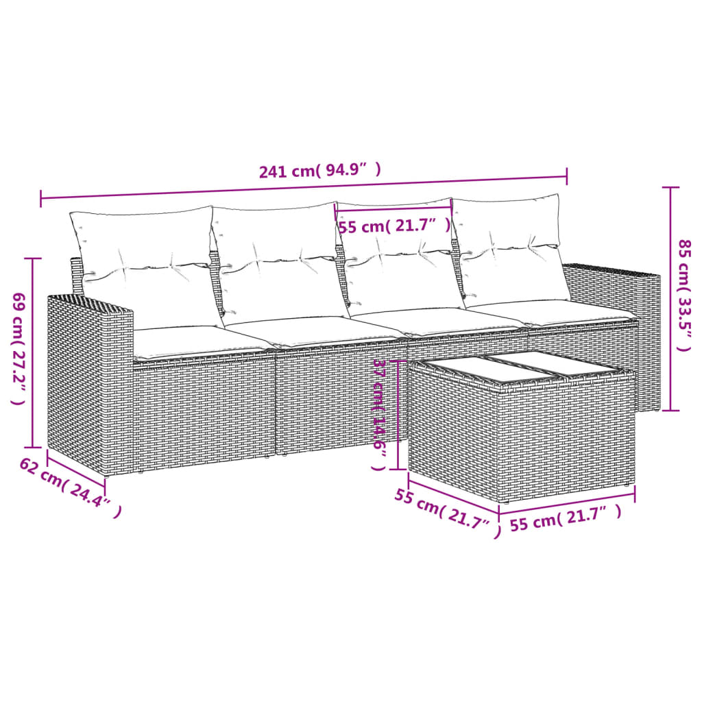 Set Divano da Giardino 5 pz con Cuscini Grigio in Polyrattan - homemem39