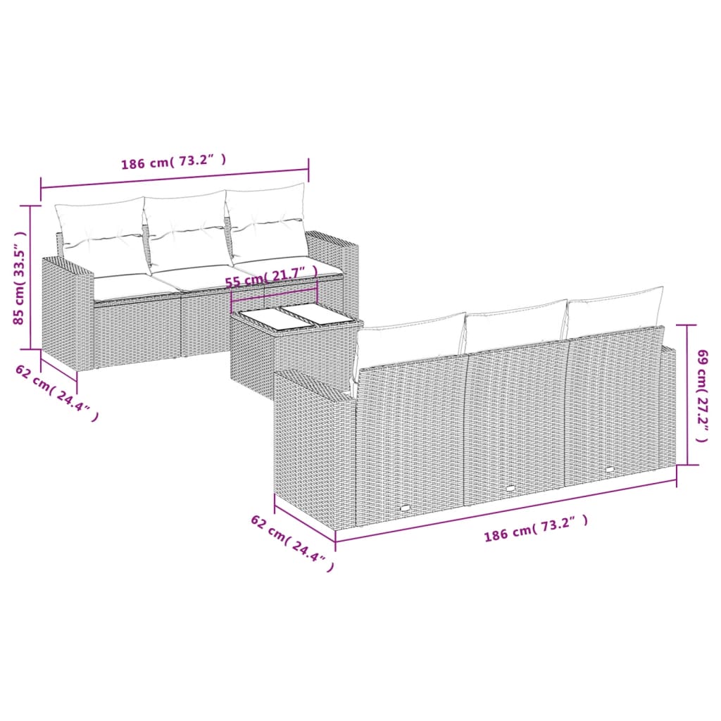 Set Divani da Giardino 7pz con Cuscini Grigio Chiaro Polyrattan