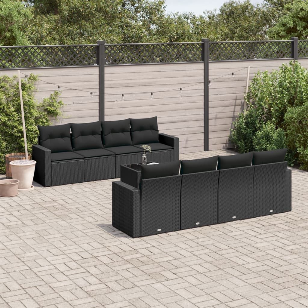 Set Divani da Giardino 9 pz con Cuscini Nero in Polyrattan - homemem39