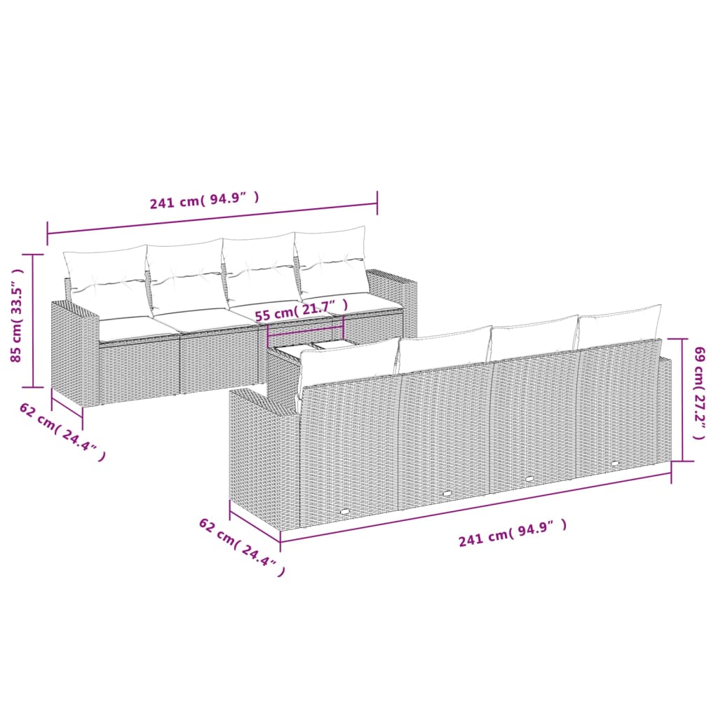 Set Divano da Giardino 9 pz con Cuscini Grigio in Polyrattan - homemem39