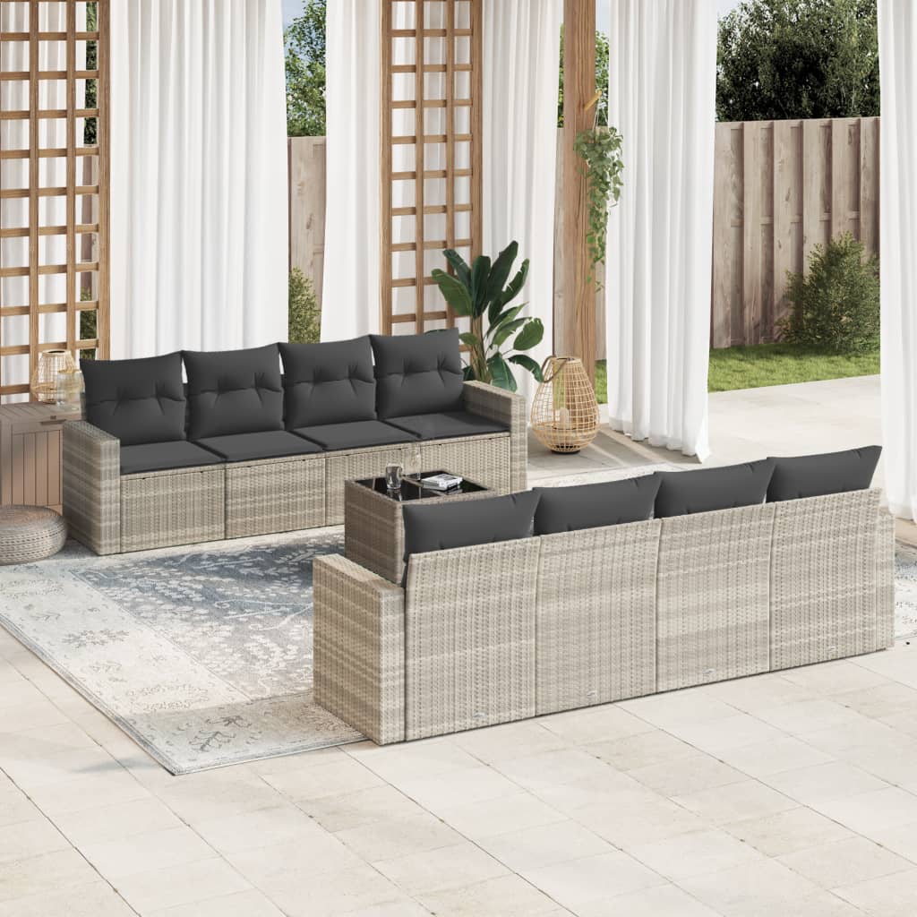 Set Divano da Giardino 9pz con Cuscini Grigio Chiaro Polyrattan - homemem39