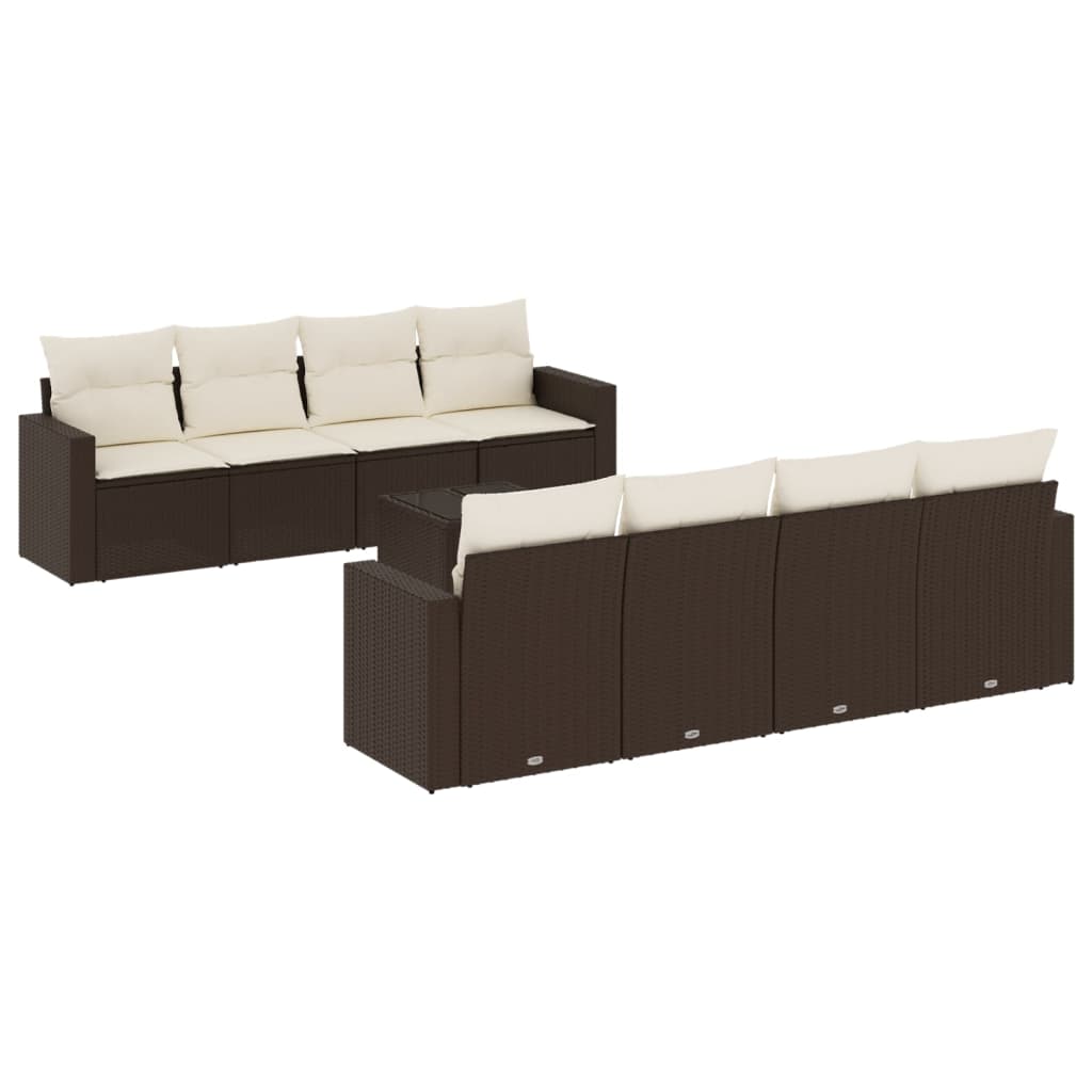 Set Divani da Giardino 9pz con Cuscini Marrone in Polyrattan