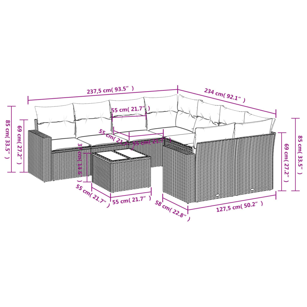 Set Divani da Giardino 9 pz con Cuscini Nero in Polyrattan - homemem39