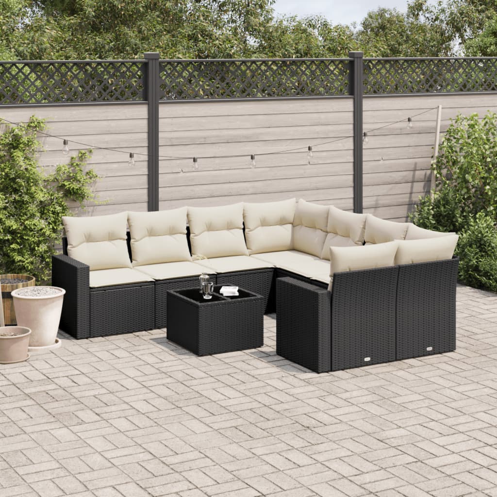 Set Divani da Giardino 9 pz con Cuscini Nero in Polyrattan - homemem39