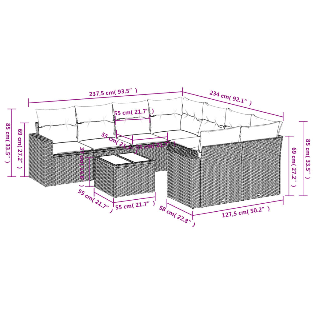 Set Divano da Giardino 9pz con Cuscini Grigio Chiaro Polyrattan - homemem39