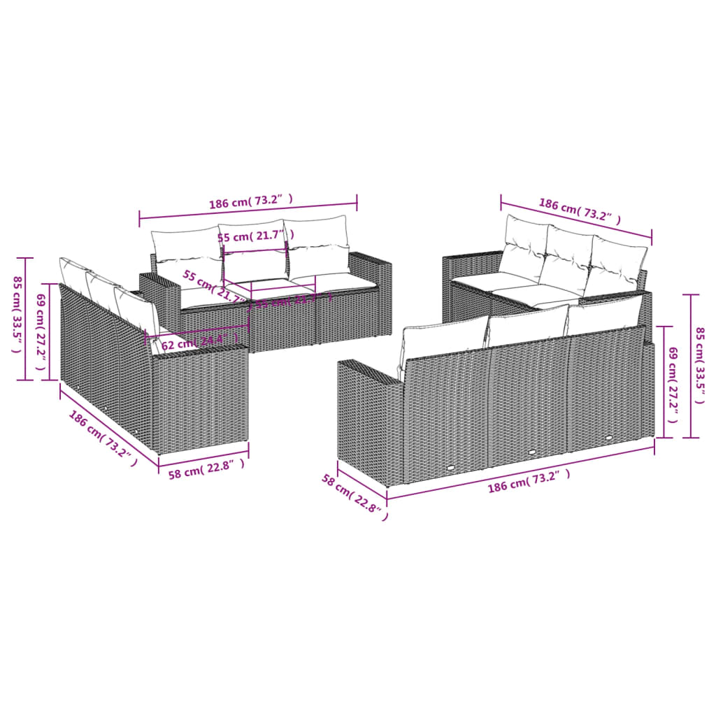 Set Divani da Giardino 12 pz con Cuscini Nero in Polyrattan - homemem39