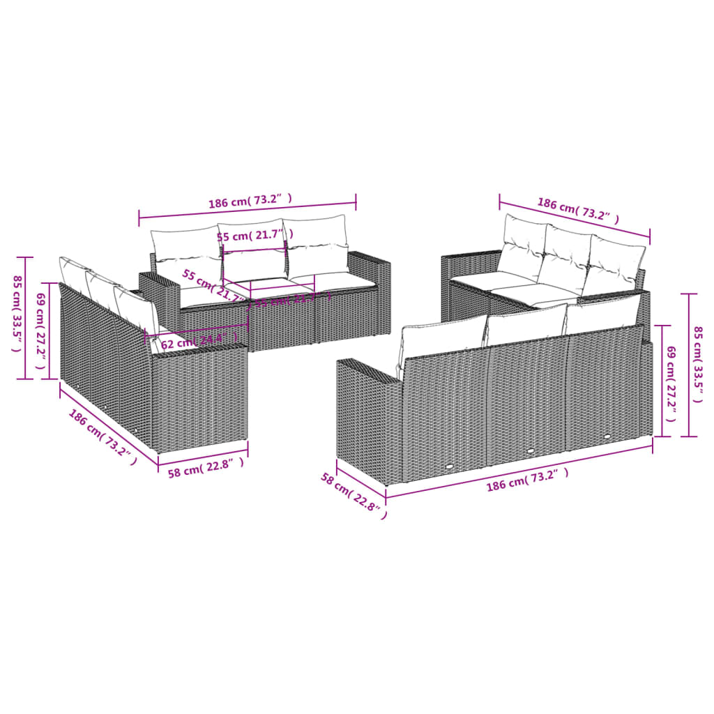 Set Divani da Giardino 12 pz con Cuscini Marrone in Polyrattan - homemem39