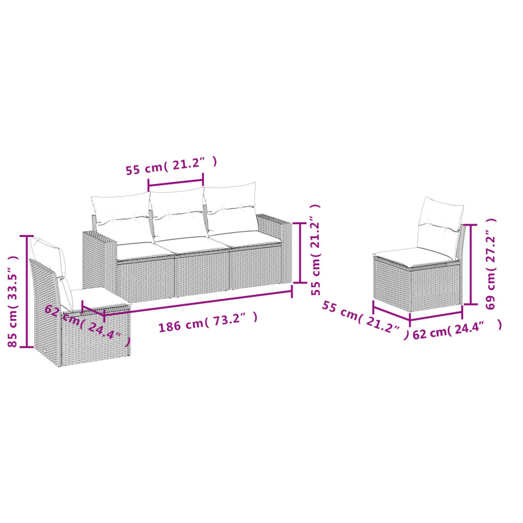 Set Divano da Giardino 5 pz con Cuscini Grigio in Polyrattan - homemem39