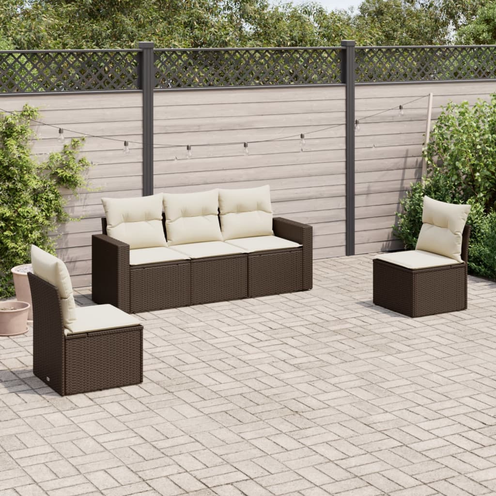 Set Divano da Giardino 5 pz con Cuscini Marrone in Polyrattan - homemem39