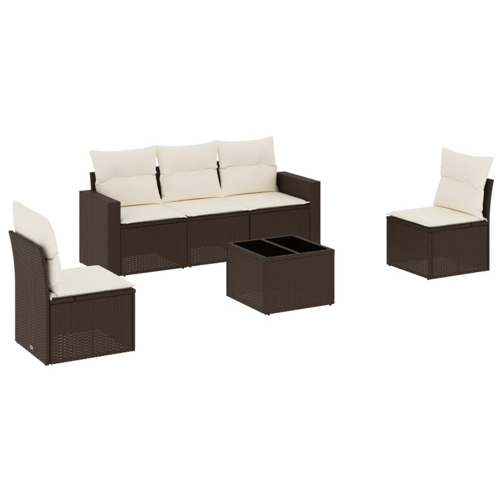 Set Divano da Giardino 6 pz con Cuscini Marrone in Polyrattan