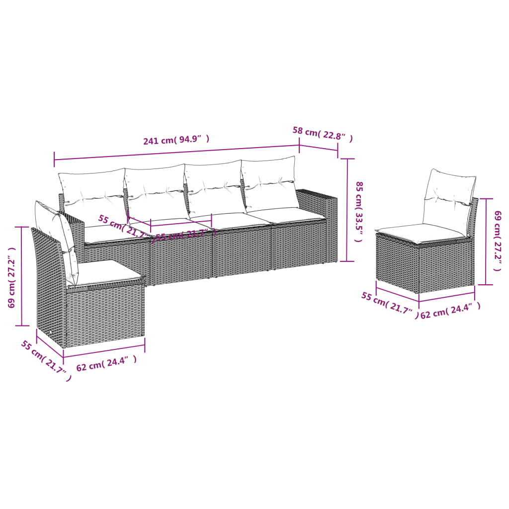 Set Divani da Giardino 6 pz con Cuscini Marrone in Polyrattan - homemem39