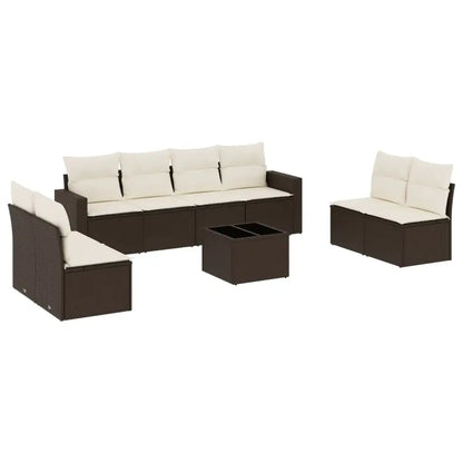 Set Divani da Giardino 9pz con Cuscini Marrone in Polyrattan