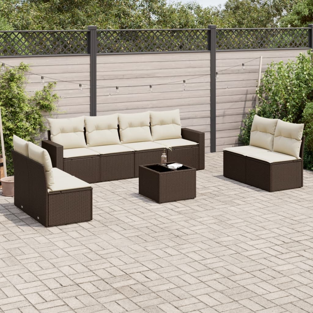 Set Divani da Giardino 9pz con Cuscini Marrone in Polyrattan