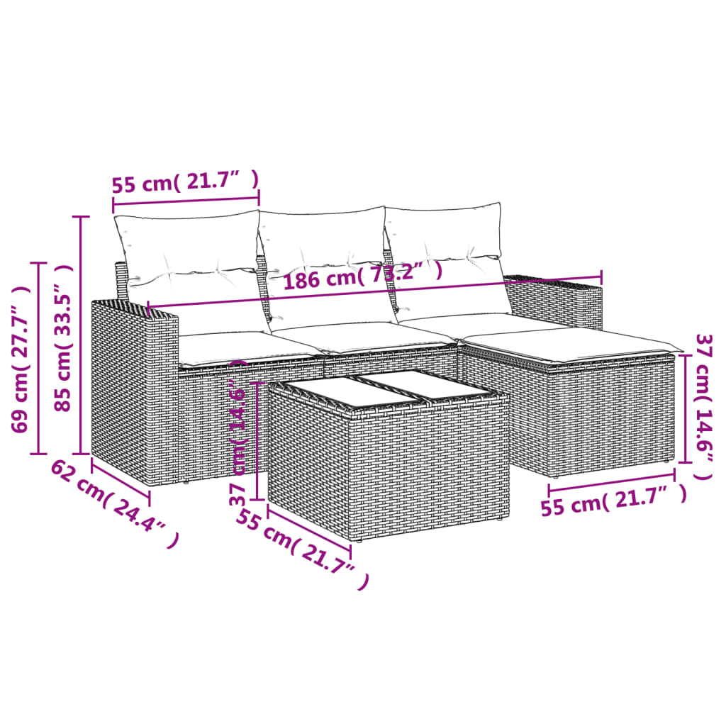 Set Divano da Giardino 5 pz con Cuscini Beige in Polyrattan - homemem39