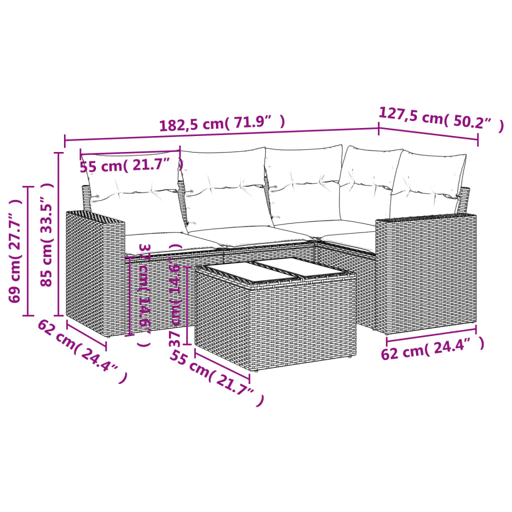 Set Divano da Giardino 5 pz con Cuscini Beige in Polyrattan - homemem39