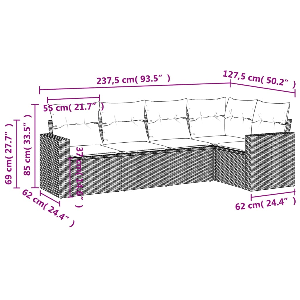 Set Divano da Giardino 5pz con Cuscini Grigio Chiaro Polyrattan - homemem39