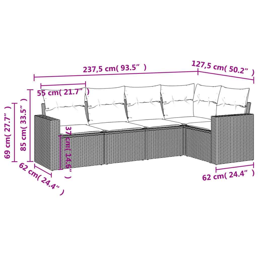 Set Divano da Giardino 5 pz con Cuscini Marrone in Polyrattan - homemem39