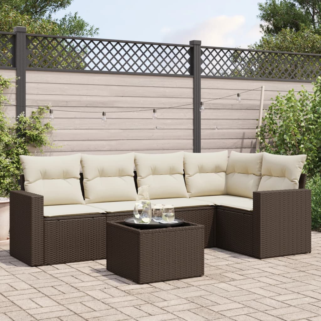 Set Divano da Giardino 6 pz con Cuscini Marrone in Polyrattan